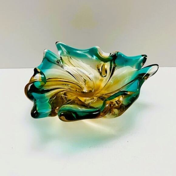 Vintage Mid-Century Handblown Murano Turquoise & Amber Star Bottom Glass Decor - Picture 3 of 6